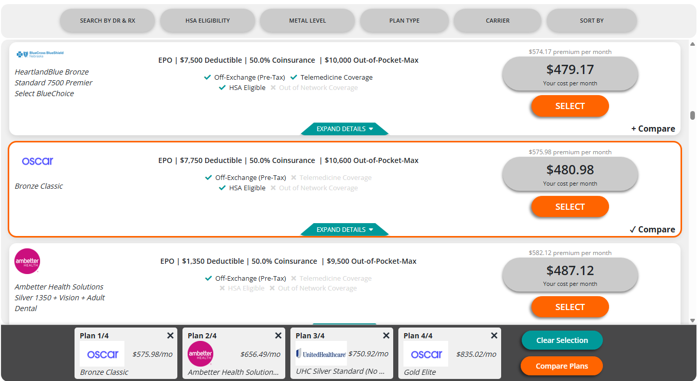 Plan marketplace with selection